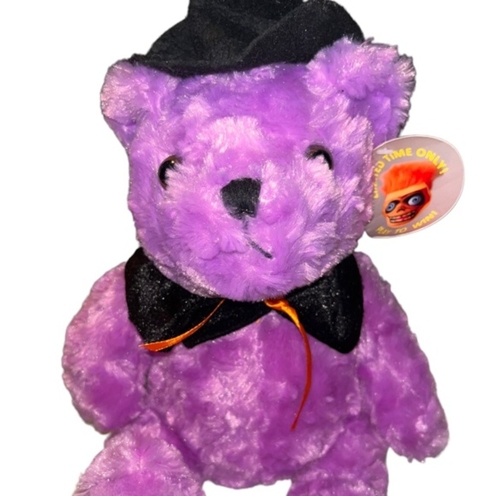 K &K Sales Plush Stuffed Halloween‎ Bear 11” Purple Orange Ribbon 🎀Black Hat 🎩